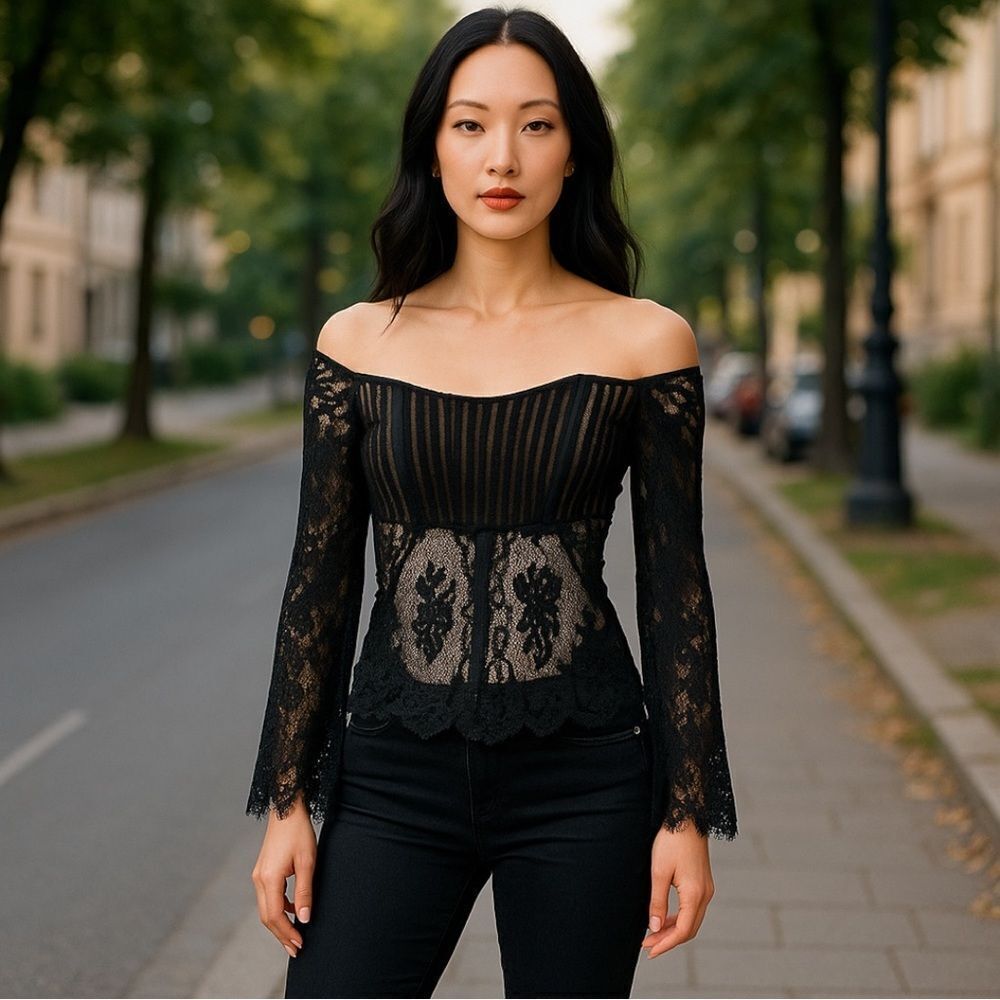 STONE COLD FOX Women's Sheer Floral Lace Off Shoulder Corset Top Black Size 1